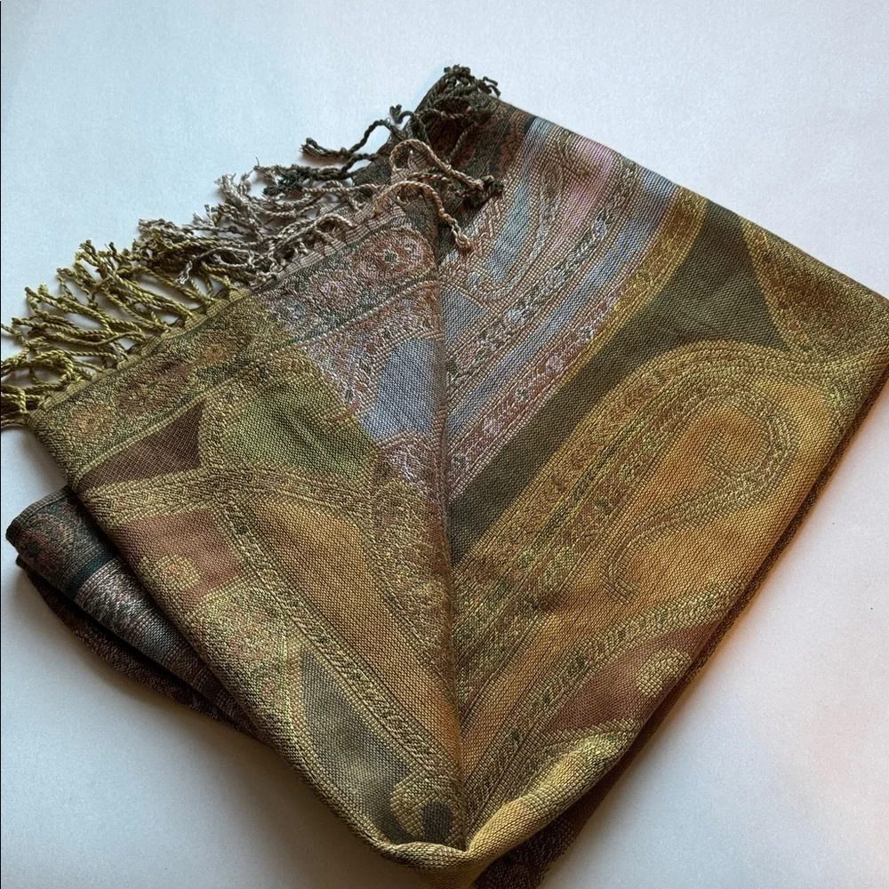 Scarf wrap Womens 21X70’ Fringe Floral Bohemian Gold brown pink green luxury